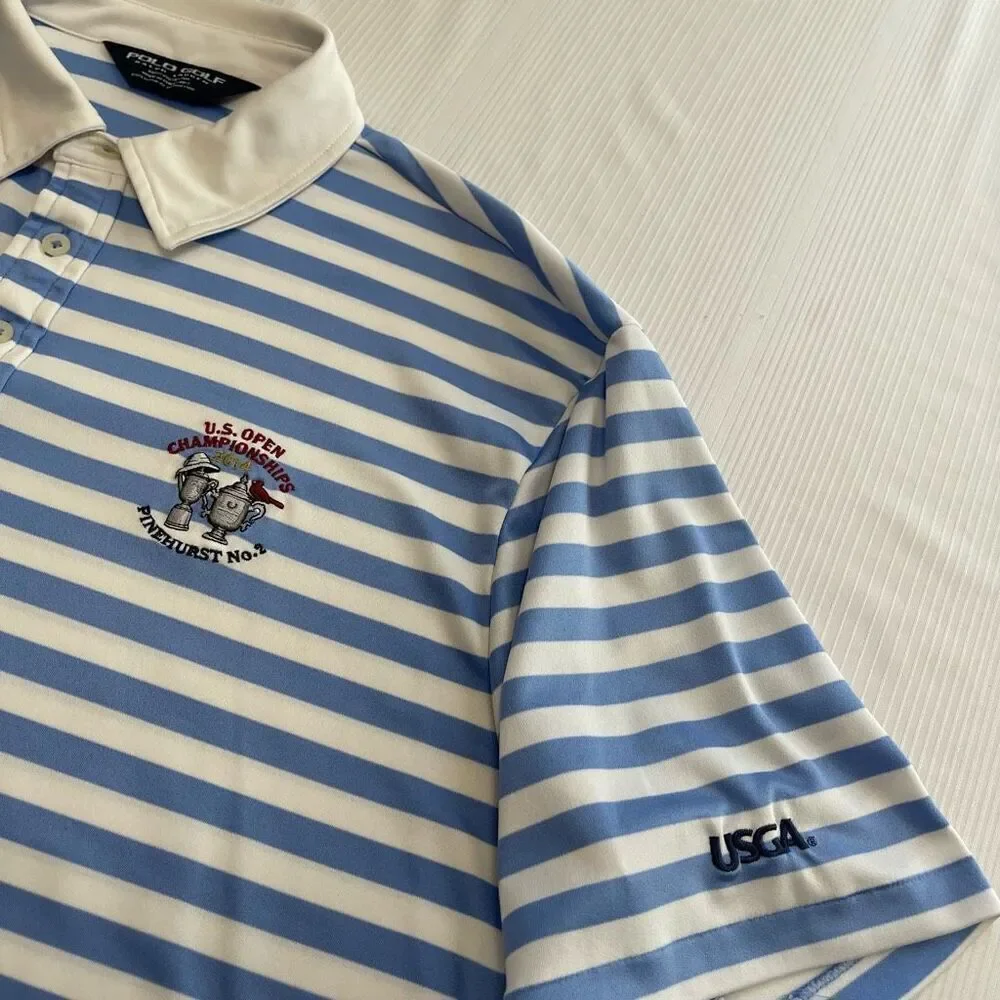 Polo Golf Ralph Lauren Blue White Stripe Short Sleeve Polo Shirt US Open Large
